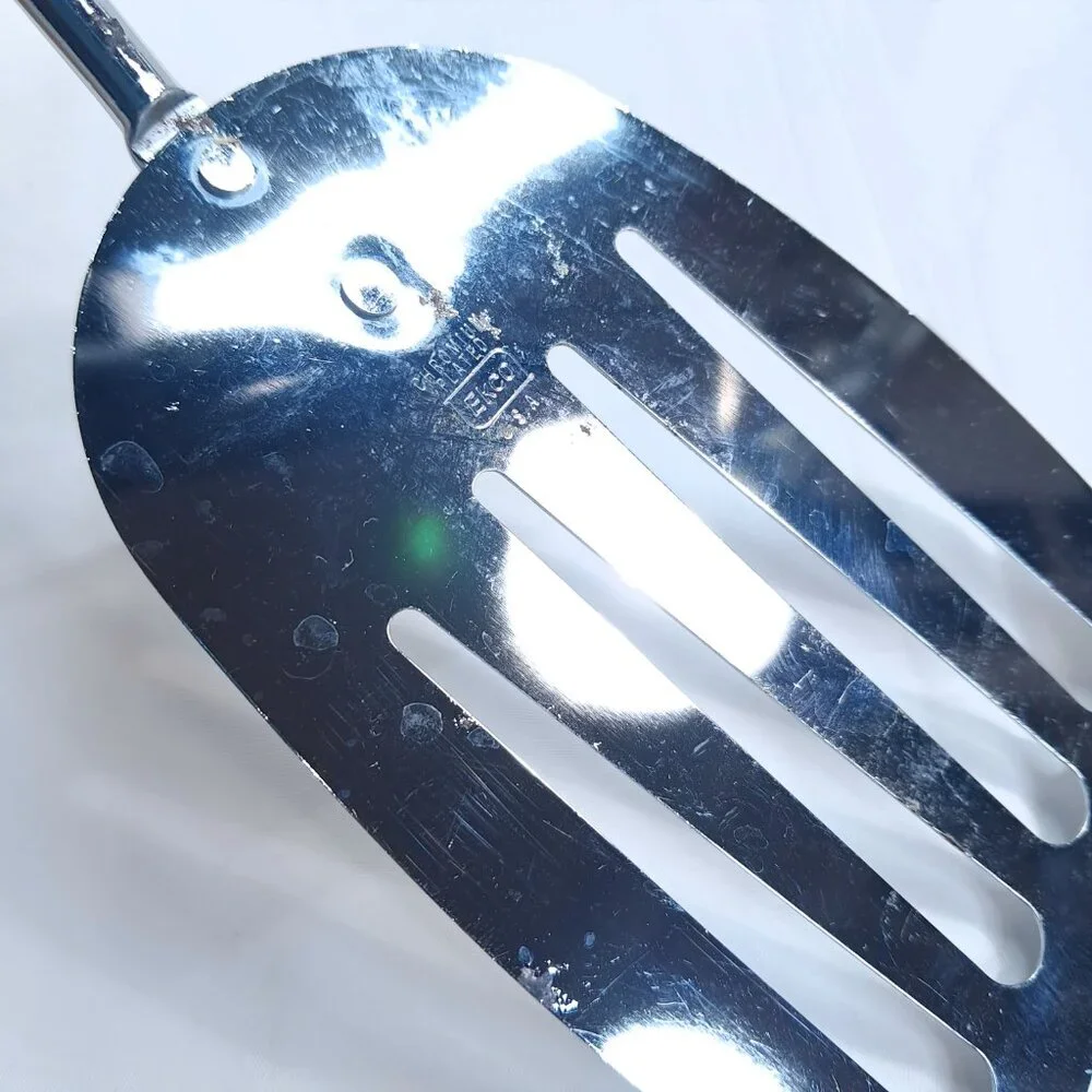 Vintage EKCO USA Chromium Plated Slotted Spatula turner Avocado‎ Green Handle